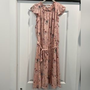 Loft Floral Flutter Sleeve Tie Waist Dress, Size Large
